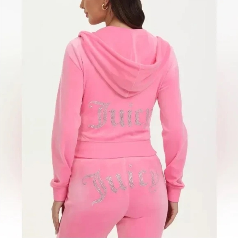 NEW! JUICY COUTURE Velour OG Bling Tracksuit Hoodie & Pant Set Flamingo Pink M - Picture 2 of 6